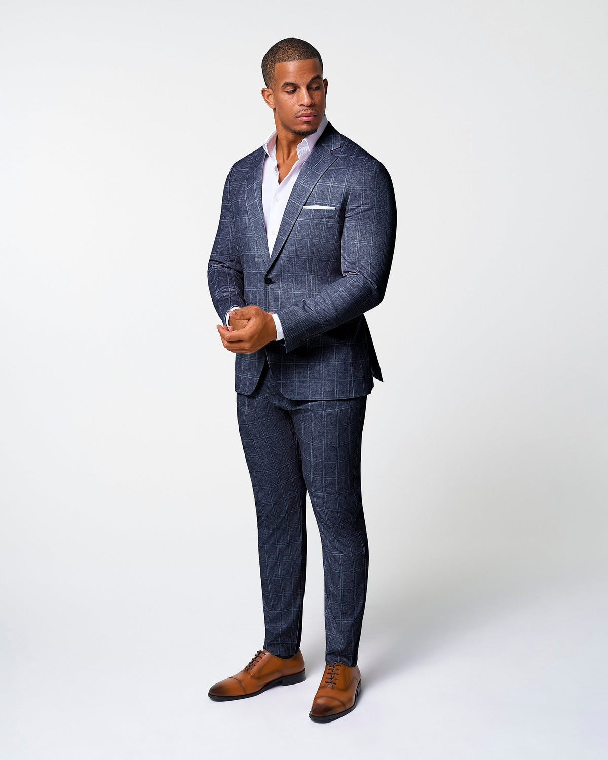 State & Liberty Athletic Fit Stretch Suit - Textured Navy with White Windowpane
