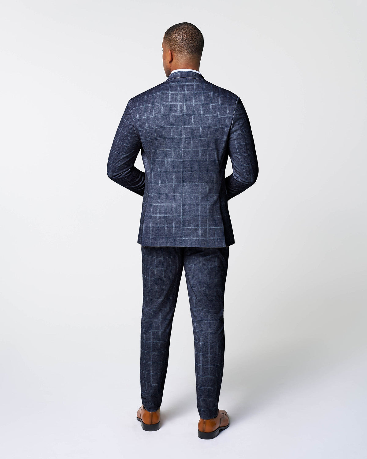 State & Liberty Athletic Fit Stretch Suit - Textured Navy with White Windowpane