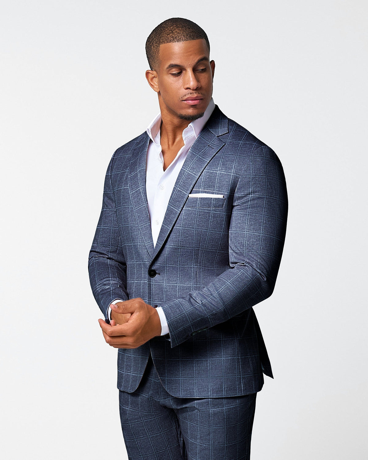 State & Liberty Athletic Fit Stretch Suit - Textured Navy with White Windowpane