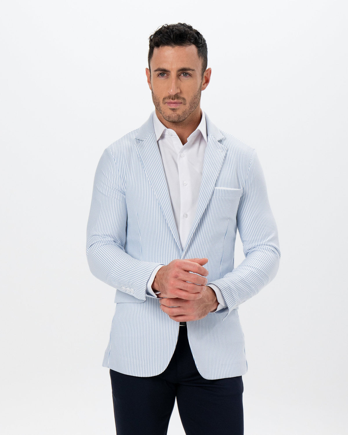 State & Liberty Athletic Fit Stretch Blazer - Light Blue & White Seersucker