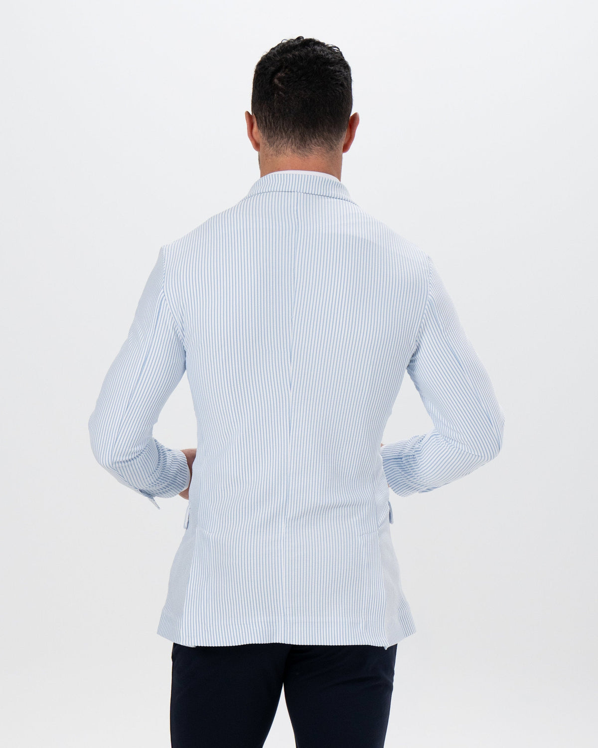 State & Liberty Athletic Fit Stretch Blazer - Light Blue & White Seersucker