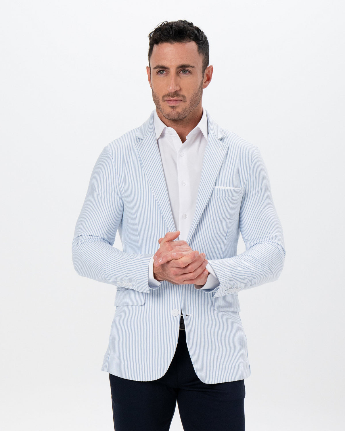 State & Liberty Athletic Fit Stretch Blazer - Light Blue & White Seersucker