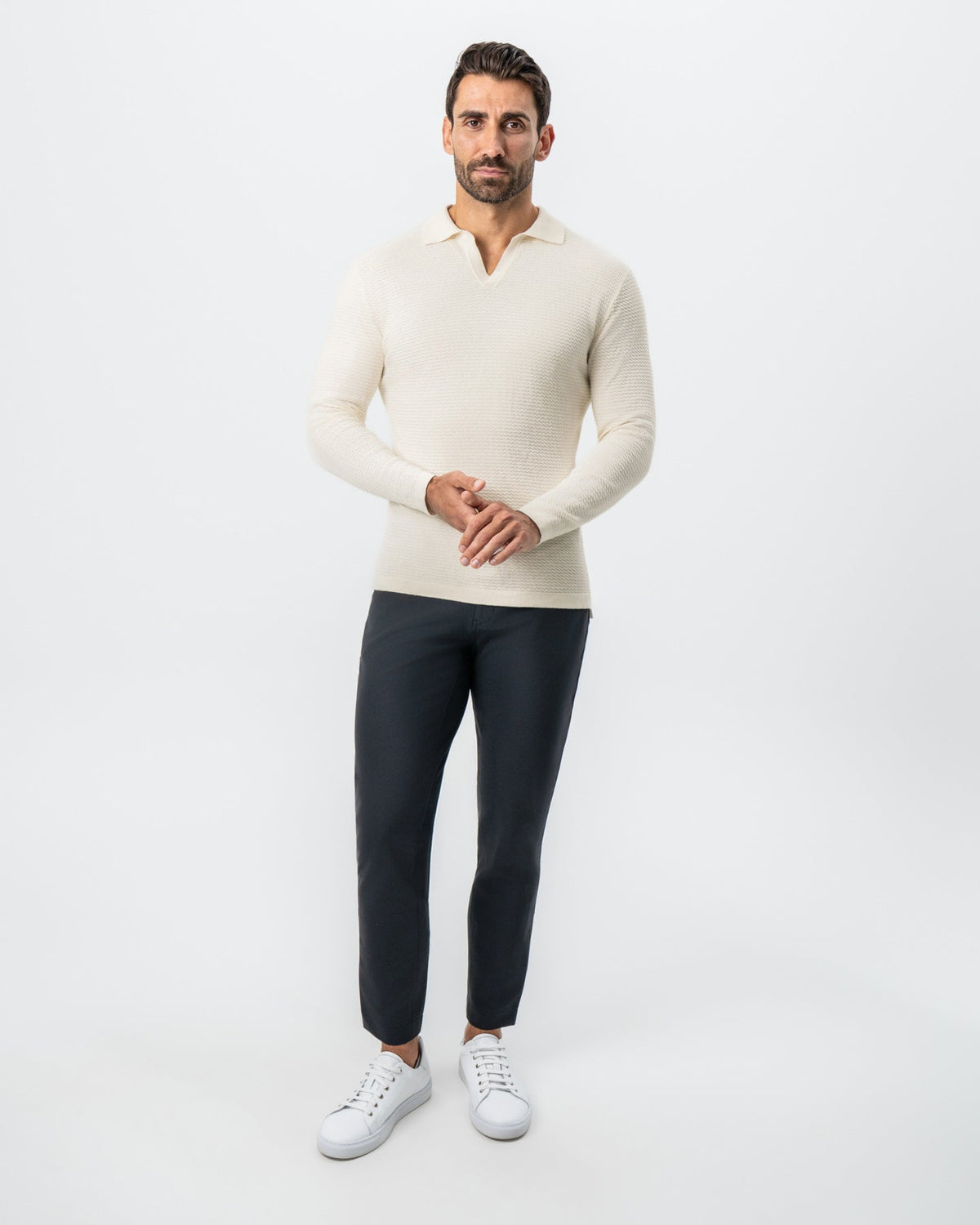 State & Liberty Textured Buttonless Long Sleeve Polo - Tan