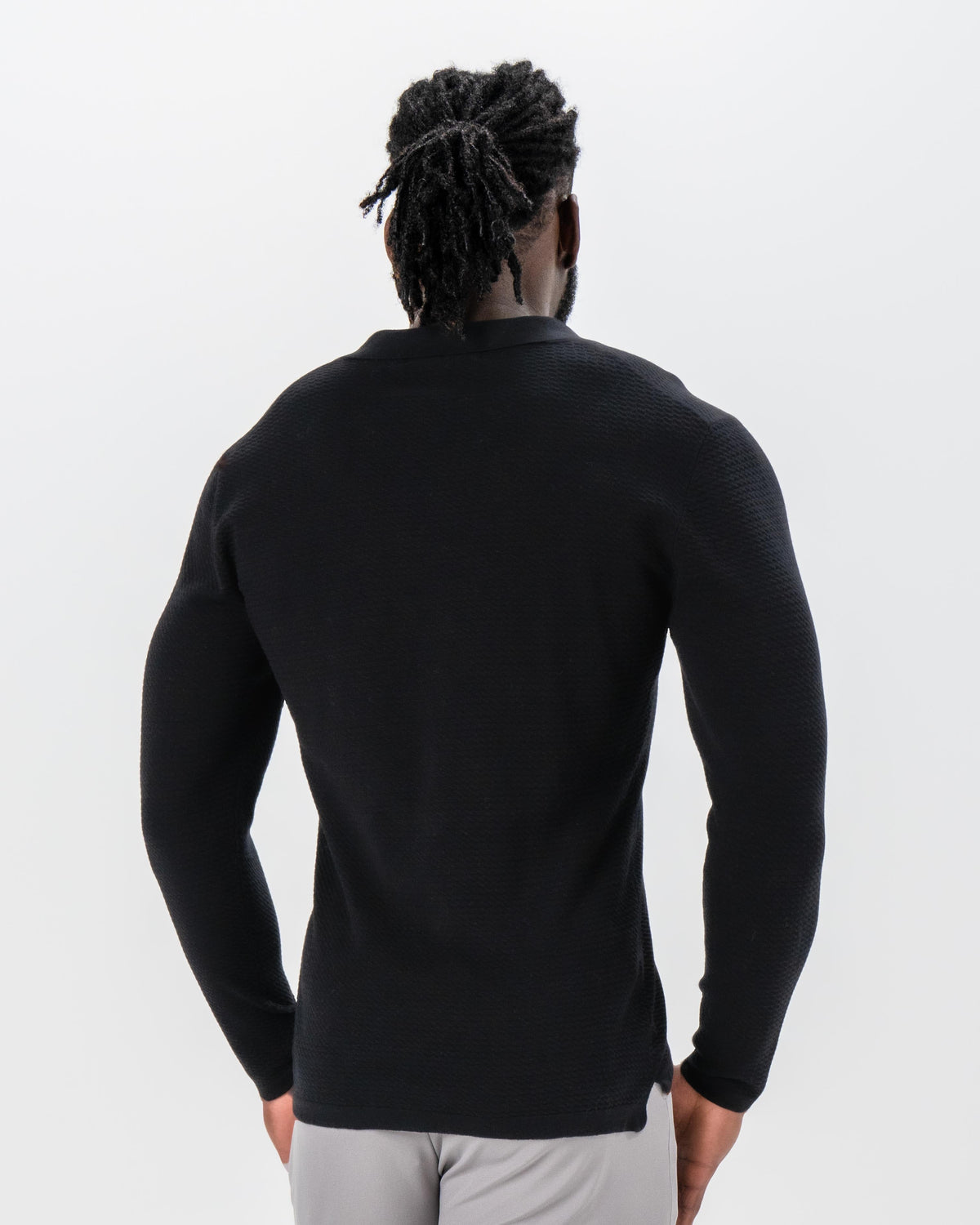 State & Liberty Textured Buttonless Long Sleeve Polo - Black