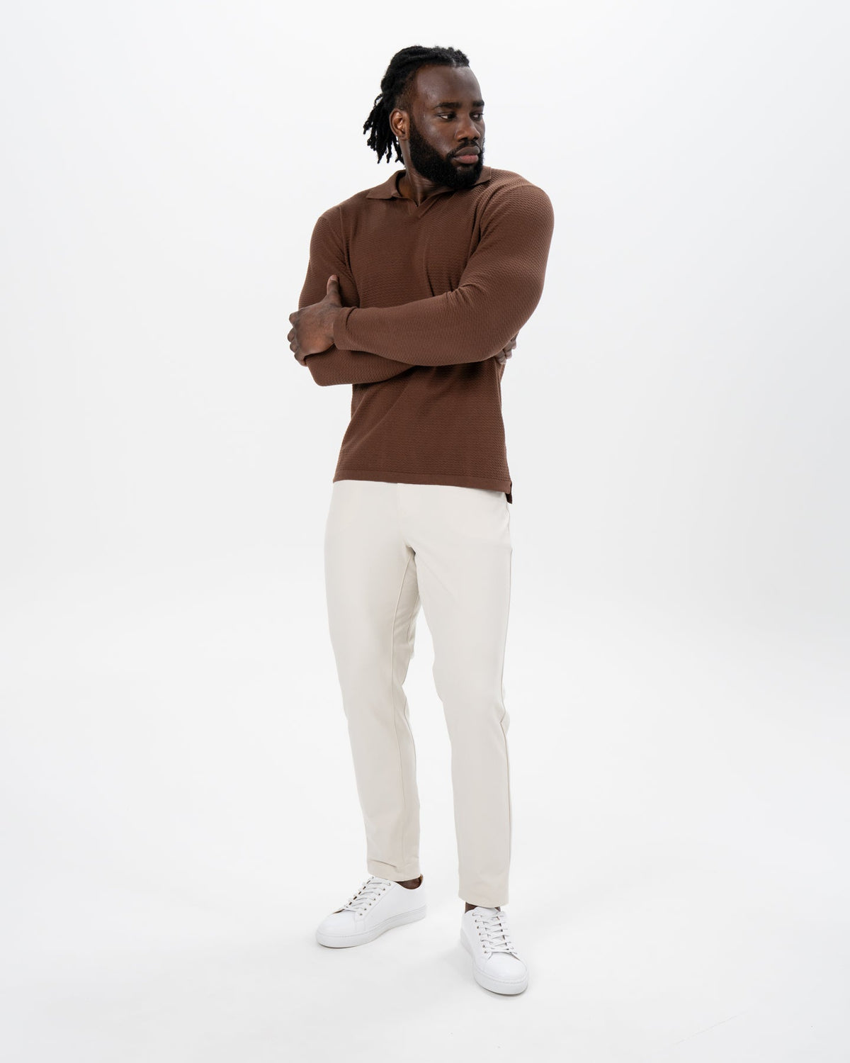 State & Liberty Textured Buttonless Long Sleeve Polo - Brown