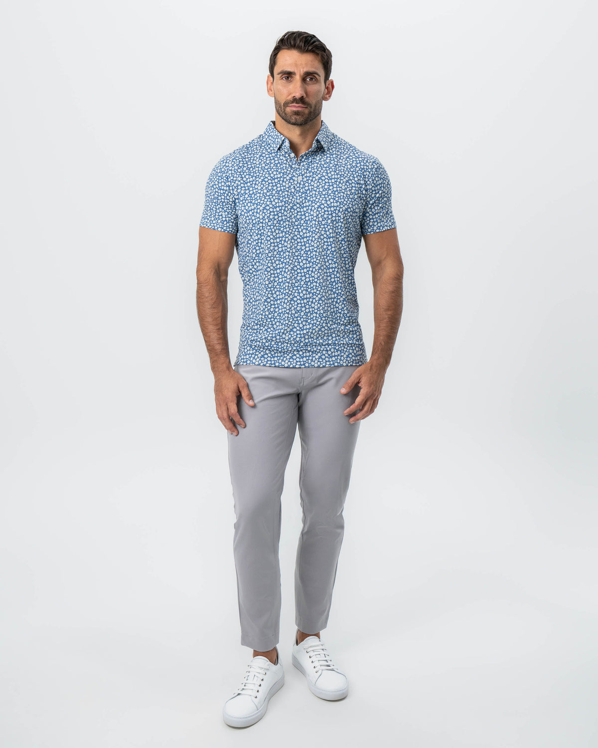 State & Liberty "The Ken" White & Light Blue Floral Print Polo