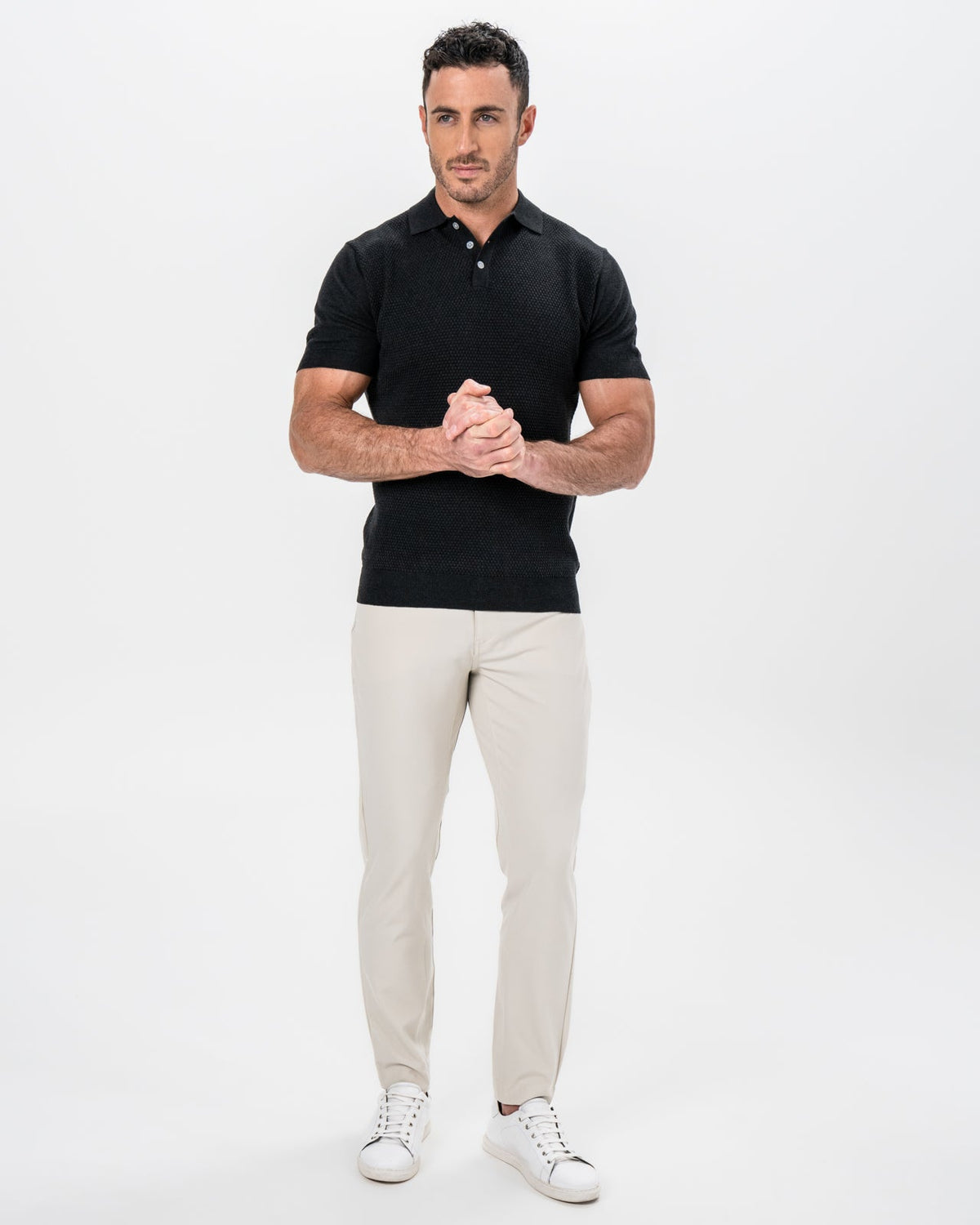 State & Liberty Textured Knit Cashmere Polo - Charcoal