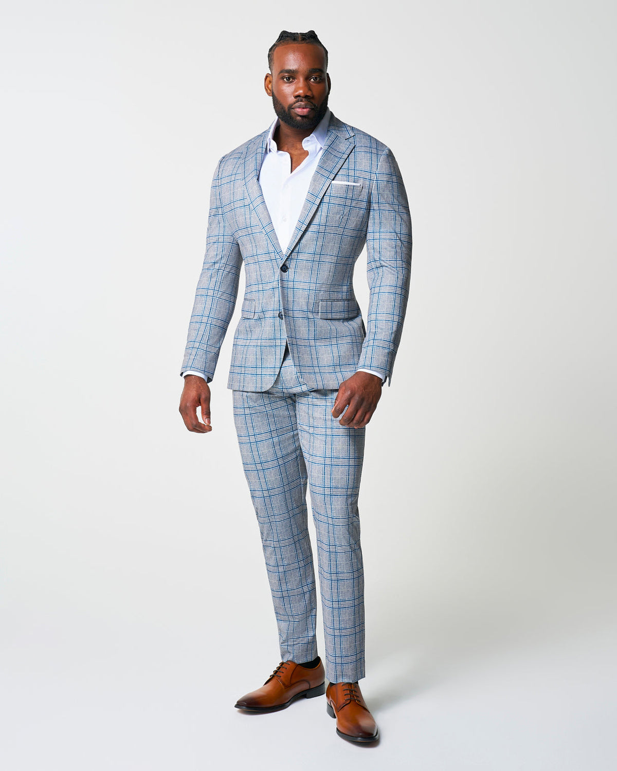 State & Liberty Athletic Fit Stretch Suit - Grey & Royal Blue Plaid