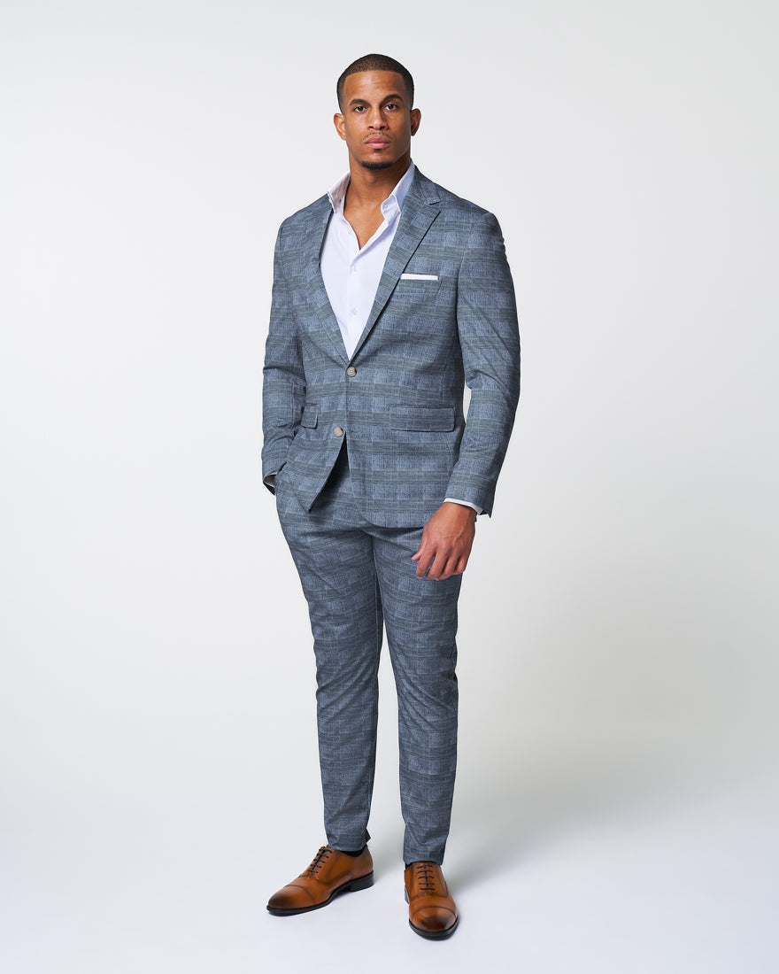 State & Liberty Athletic Fit Stretch Suit - Knit Light Blue, Navy and White Plaid