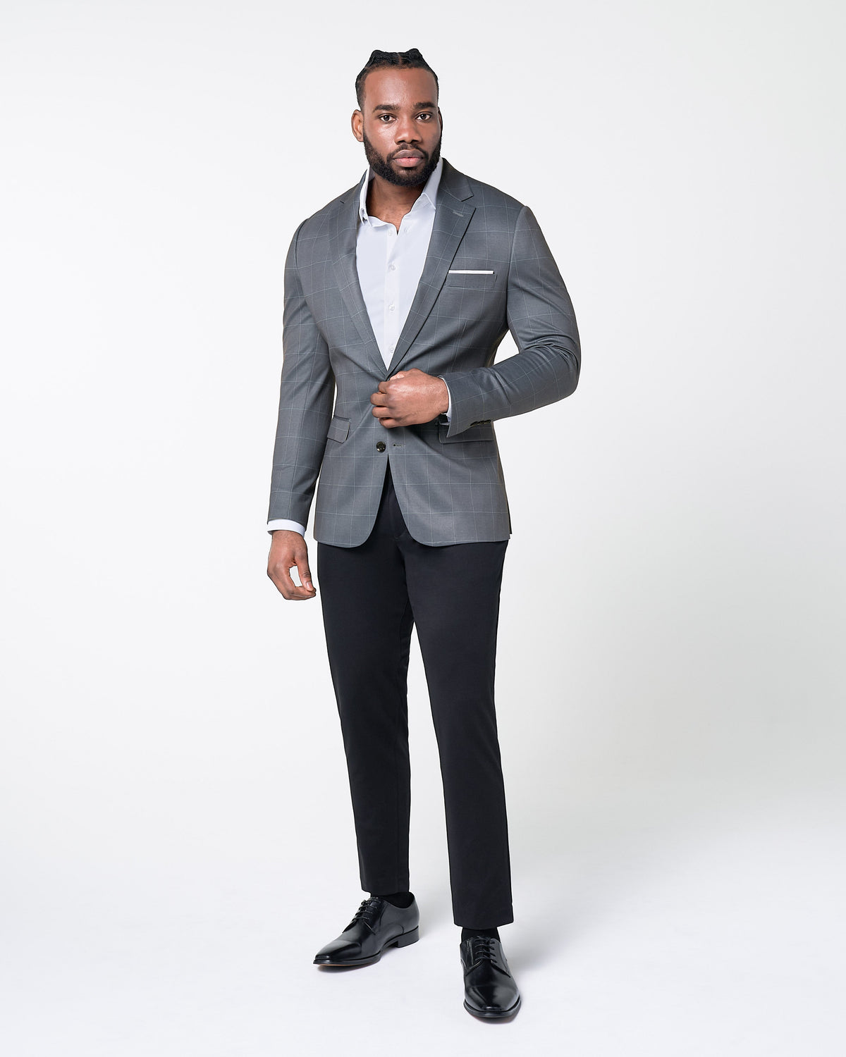 State & Liberty Athletic Fit Stretch Blazer - Grey and White Big Windowpane